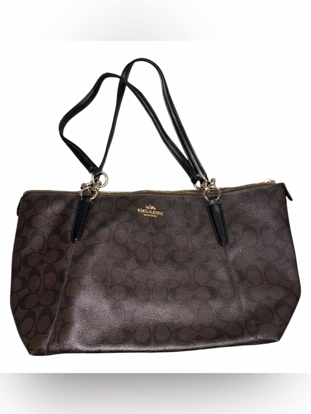Coach Brown Signature Canvas Tote with Black Leather Straps